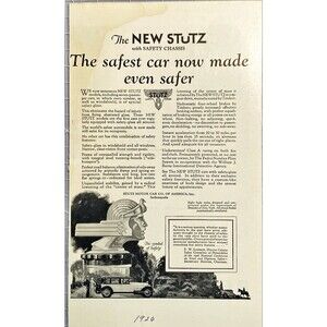 Stutz Motor Car Co. "The Safest Car Now Made Even Safer" Vintage Print Ad 1926
